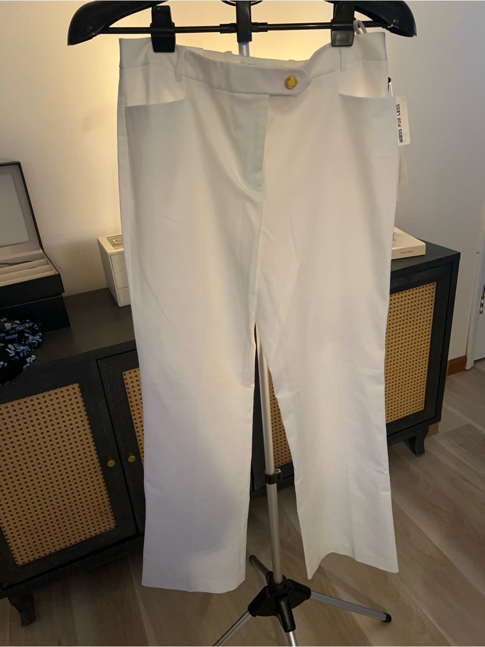 Calvin Klein White Straight-Leg Pants with Gold Button